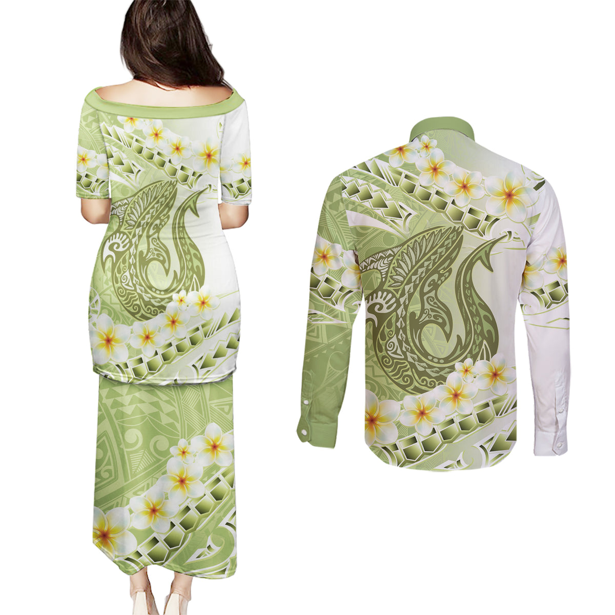 Green Hawaii Shark Tattoo Couples Matching Puletasi and Long Sleeve Button Shirt Frangipani With Polynesian Pastel Version