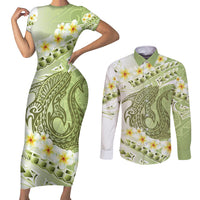 Green Hawaii Shark Tattoo Couples Matching Short Sleeve Bodycon Dress and Long Sleeve Button Shirt Frangipani With Polynesian Pastel Version