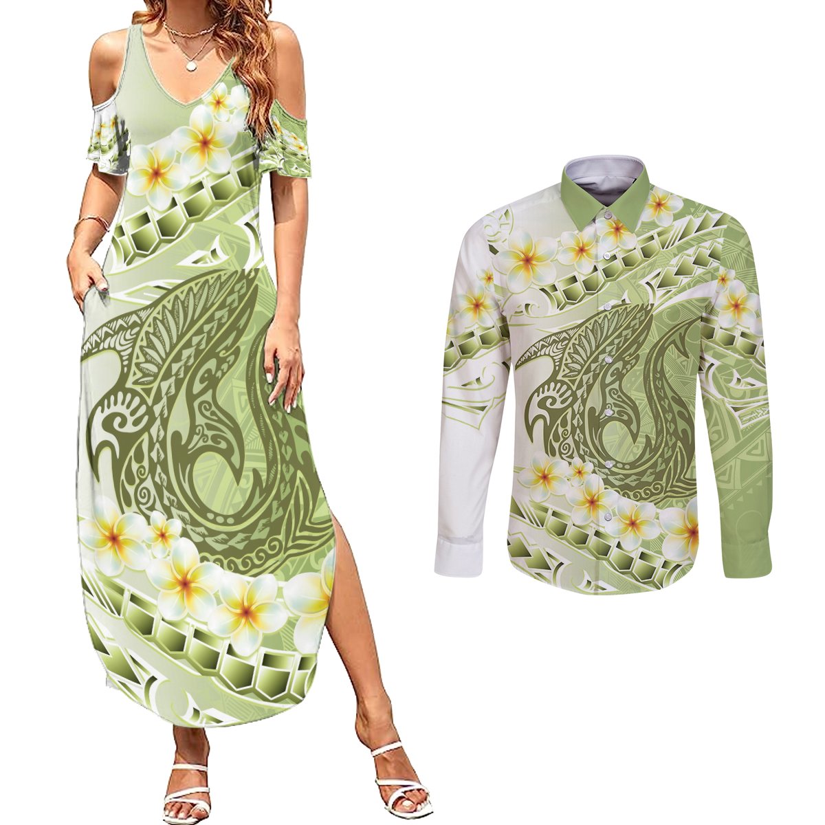 Green Hawaii Shark Tattoo Couples Matching Summer Maxi Dress and Long Sleeve Button Shirt Frangipani With Polynesian Pastel Version