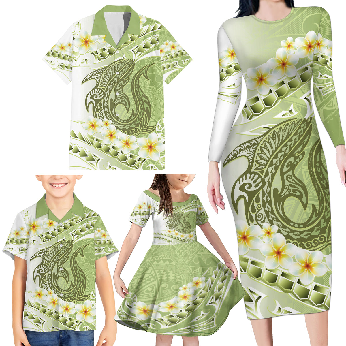Green Hawaii Shark Tattoo Family Matching Long Sleeve Bodycon Dress and Hawaiian Shirt Frangipani With Polynesian Pastel Version LT14 - Polynesian Pride