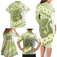 Green Hawaii Shark Tattoo Family Matching Long Sleeve Bodycon Dress and Hawaiian Shirt Frangipani With Polynesian Pastel Version LT14 - Polynesian Pride