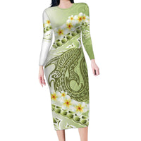 Green Hawaii Shark Tattoo Family Matching Long Sleeve Bodycon Dress and Hawaiian Shirt Frangipani With Polynesian Pastel Version LT14 Mom's Dress Green - Polynesian Pride