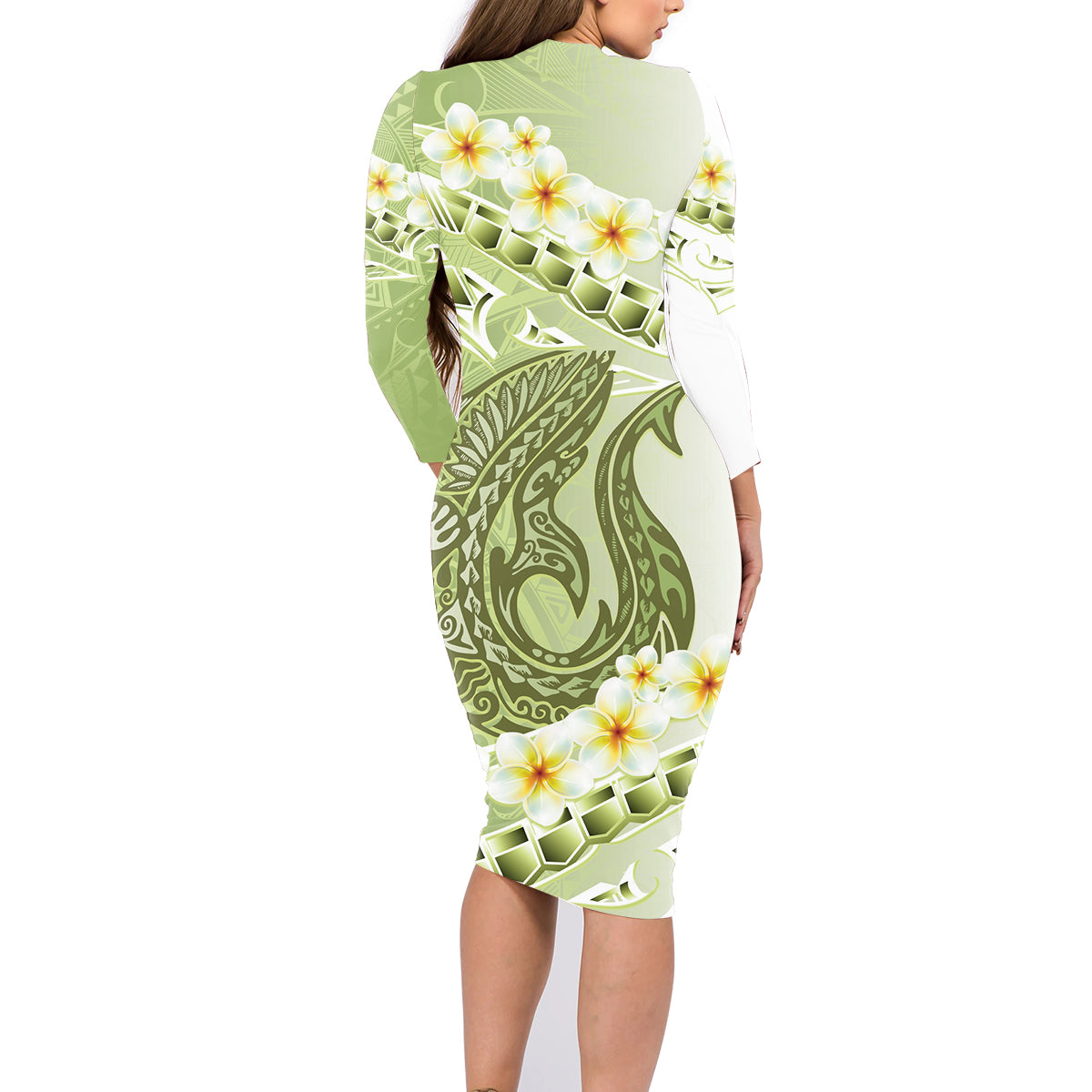 Green Hawaii Shark Tattoo Family Matching Long Sleeve Bodycon Dress and Hawaiian Shirt Frangipani With Polynesian Pastel Version LT14 - Polynesian Pride