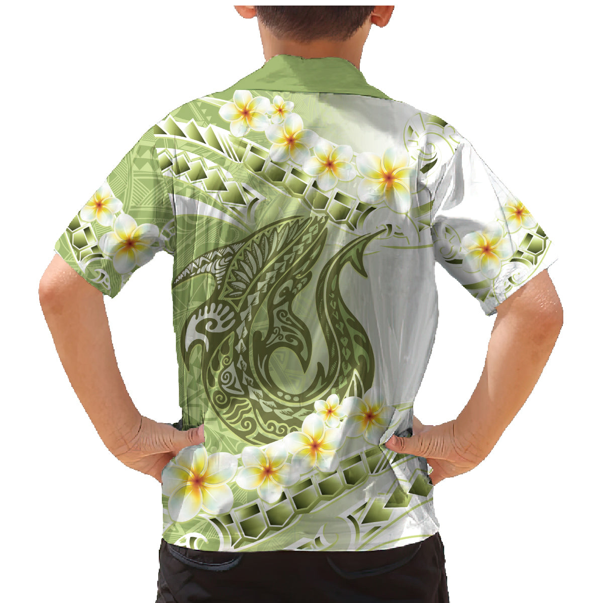 Green Hawaii Shark Tattoo Family Matching Mermaid Dress and Hawaiian Shirt Frangipani With Polynesian Pastel Version LT14 - Polynesian Pride