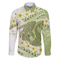 Green Hawaii Shark Tattoo Family Matching Mermaid Dress and Hawaiian Shirt Frangipani With Polynesian Pastel Version LT14 Dad's Shirt - Long Sleeve Green - Polynesian Pride