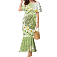Green Hawaii Shark Tattoo Family Matching Mermaid Dress and Hawaiian Shirt Frangipani With Polynesian Pastel Version LT14 Mom's Dress Green - Polynesian Pride