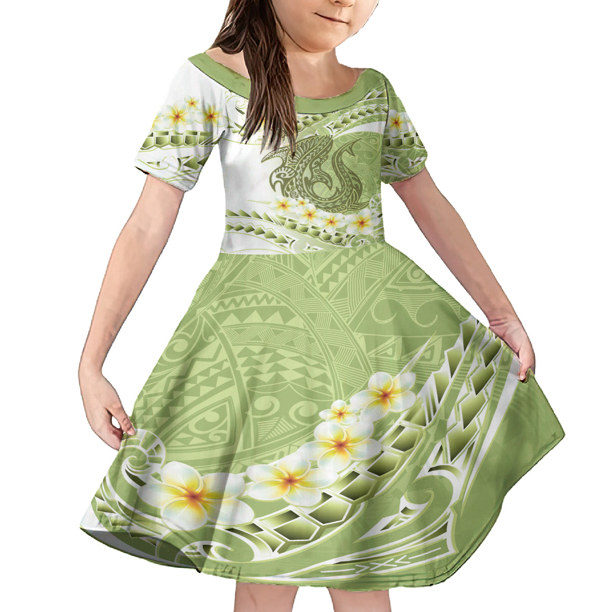 Green Hawaii Shark Tattoo Family Matching Off The Shoulder Long Sleeve Dress and Hawaiian Shirt Frangipani With Polynesian Pastel Version LT14 Daughter's Dress Green - Polynesian Pride