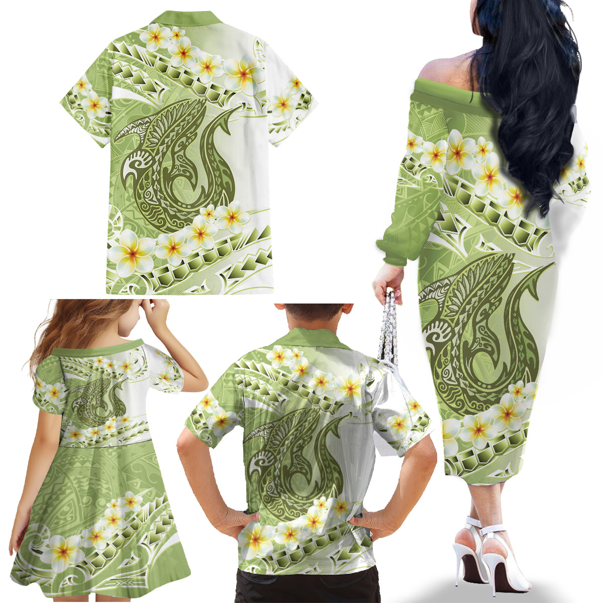 Green Hawaii Shark Tattoo Family Matching Off The Shoulder Long Sleeve Dress and Hawaiian Shirt Frangipani With Polynesian Pastel Version LT14 - Polynesian Pride