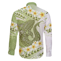 Green Hawaii Shark Tattoo Family Matching Off The Shoulder Long Sleeve Dress and Hawaiian Shirt Frangipani With Polynesian Pastel Version LT14 - Polynesian Pride
