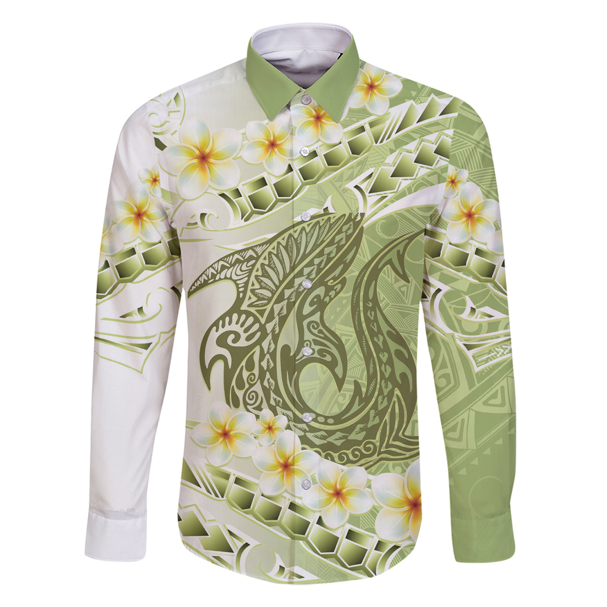 Green Hawaii Shark Tattoo Family Matching Off Shoulder Maxi Dress and Hawaiian Shirt Frangipani With Polynesian Pastel Version LT14 Dad's Shirt - Long Sleeve Green - Polynesian Pride