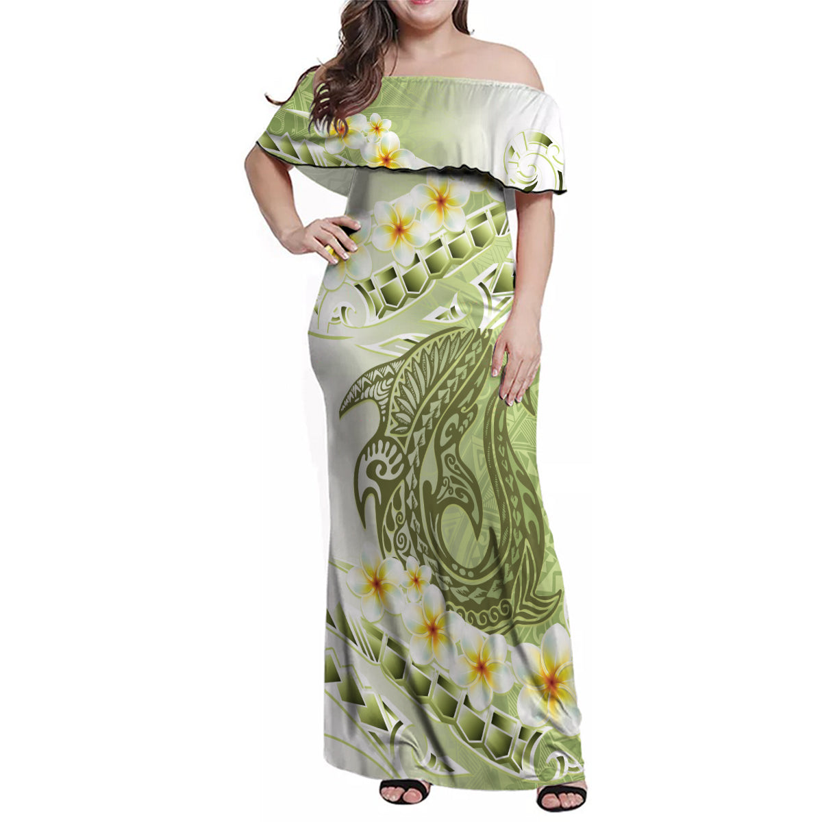 Green Hawaii Shark Tattoo Family Matching Off Shoulder Maxi Dress and Hawaiian Shirt Frangipani With Polynesian Pastel Version LT14 Mom's Dress Green - Polynesian Pride