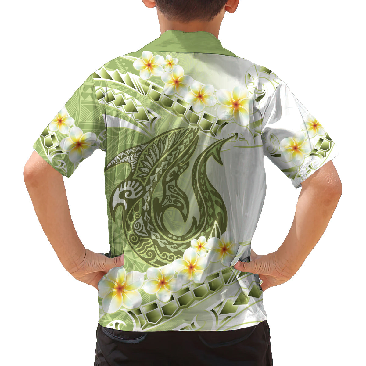 Green Hawaii Shark Tattoo Family Matching Off Shoulder Short Dress and Hawaiian Shirt Frangipani With Polynesian Pastel Version LT14 - Polynesian Pride