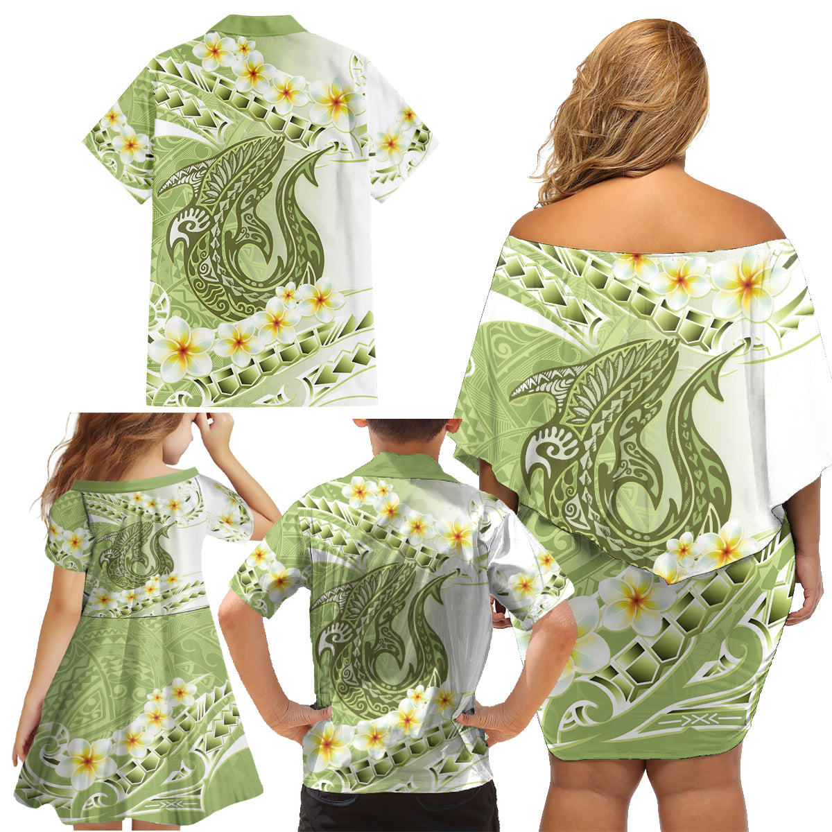 Green Hawaii Shark Tattoo Family Matching Off Shoulder Short Dress and Hawaiian Shirt Frangipani With Polynesian Pastel Version LT14 - Polynesian Pride