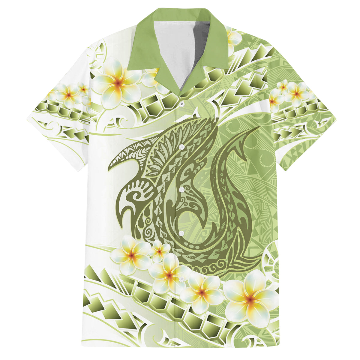 Green Hawaii Shark Tattoo Family Matching Off Shoulder Short Dress and Hawaiian Shirt Frangipani With Polynesian Pastel Version LT14 Dad's Shirt - Short Sleeve Green - Polynesian Pride