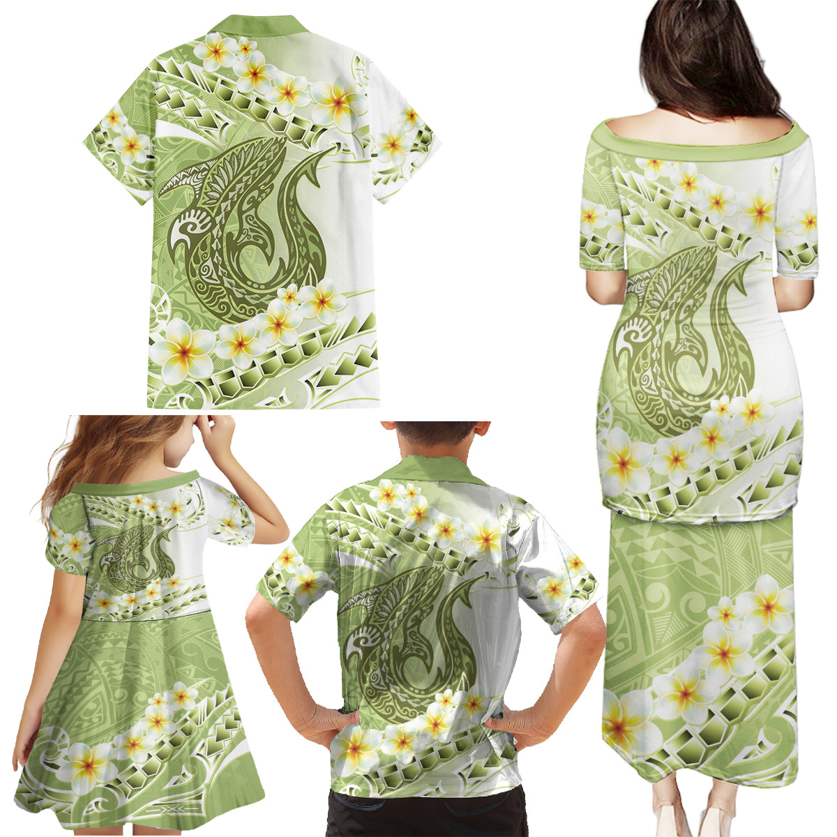 Green Hawaii Shark Tattoo Family Matching Puletasi and Hawaiian Shirt Frangipani With Polynesian Pastel Version