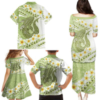 Green Hawaii Shark Tattoo Family Matching Puletasi and Hawaiian Shirt Frangipani With Polynesian Pastel Version