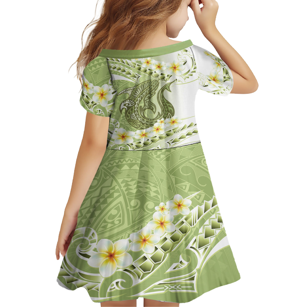 Green Hawaii Shark Tattoo Family Matching Short Sleeve Bodycon Dress and Hawaiian Shirt Frangipani With Polynesian Pastel Version LT14 - Polynesian Pride