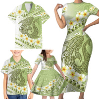 Green Hawaii Shark Tattoo Family Matching Short Sleeve Bodycon Dress and Hawaiian Shirt Frangipani With Polynesian Pastel Version LT14 - Polynesian Pride
