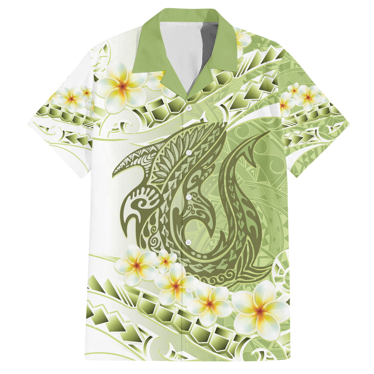 Green Hawaii Shark Tattoo Family Matching Short Sleeve Bodycon Dress and Hawaiian Shirt Frangipani With Polynesian Pastel Version LT14 Dad's Shirt - Short Sleeve Green - Polynesian Pride