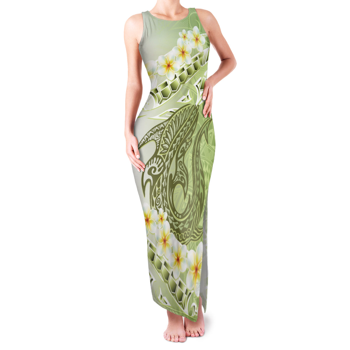 Green Hawaii Shark Tattoo Family Matching Tank Maxi Dress and Hawaiian Shirt Frangipani With Polynesian Pastel Version LT14 Mom's Dress Green - Polynesian Pride