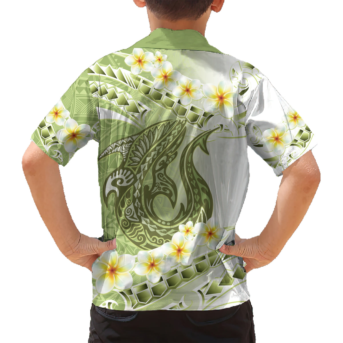 Green Hawaii Shark Tattoo Kid Hawaiian Shirt Frangipani With Polynesian Pastel Version
