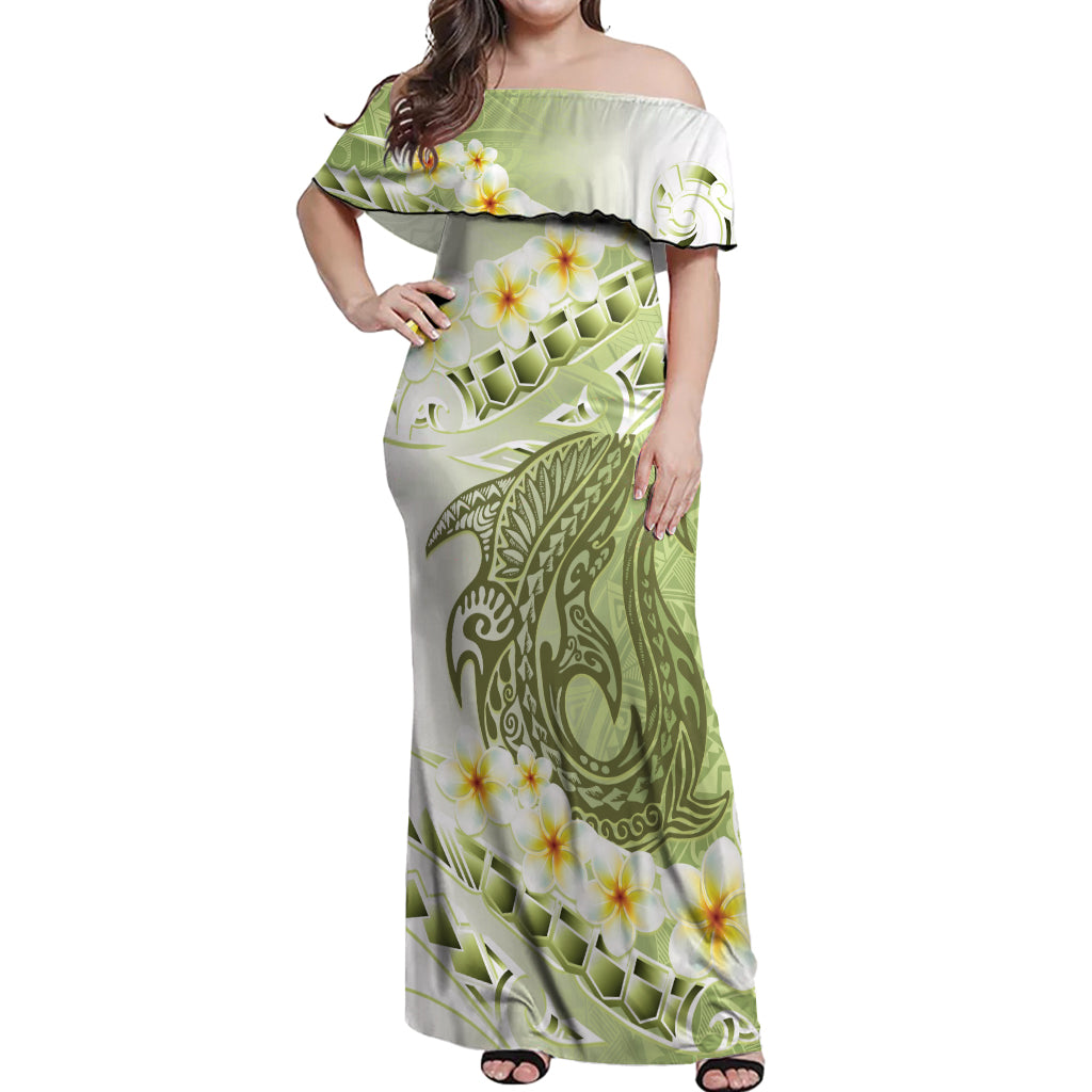 Green Hawaii Shark Tattoo Off Shoulder Maxi Dress Frangipani With Polynesian Pastel Version