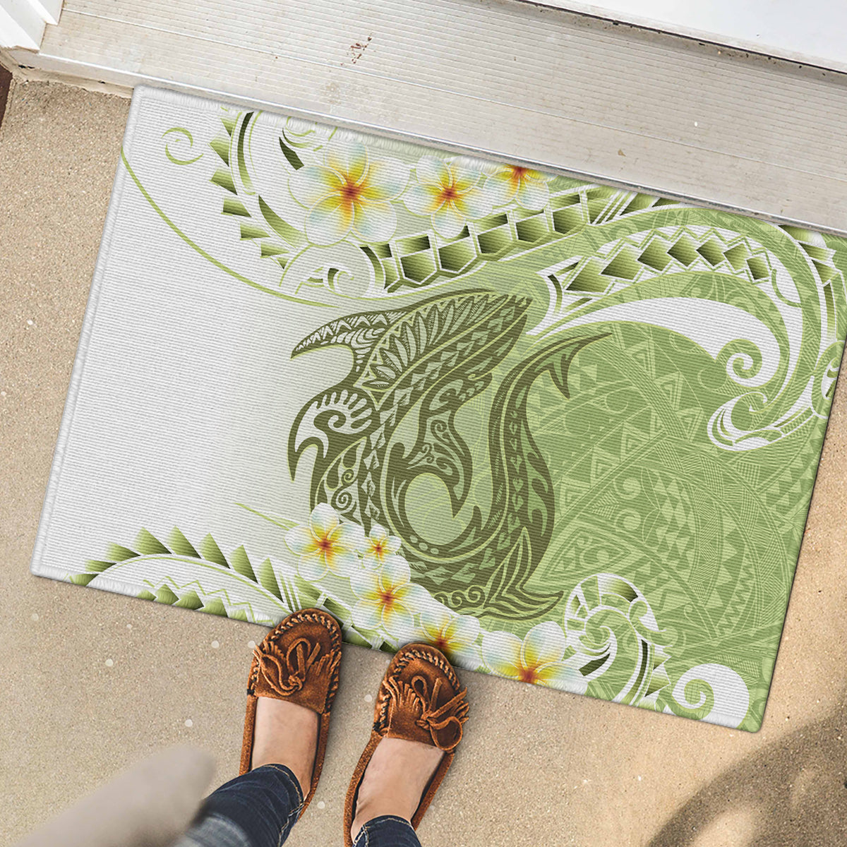 Green Hawaii Shark Tattoo Rubber Doormat Frangipani With Polynesian Pastel Version