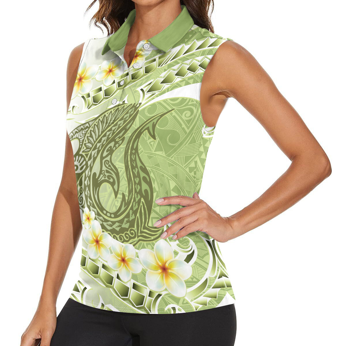 Green Hawaii Shark Tattoo Women Sleeveless Polo Shirt Frangipani With Polynesian Pastel Version