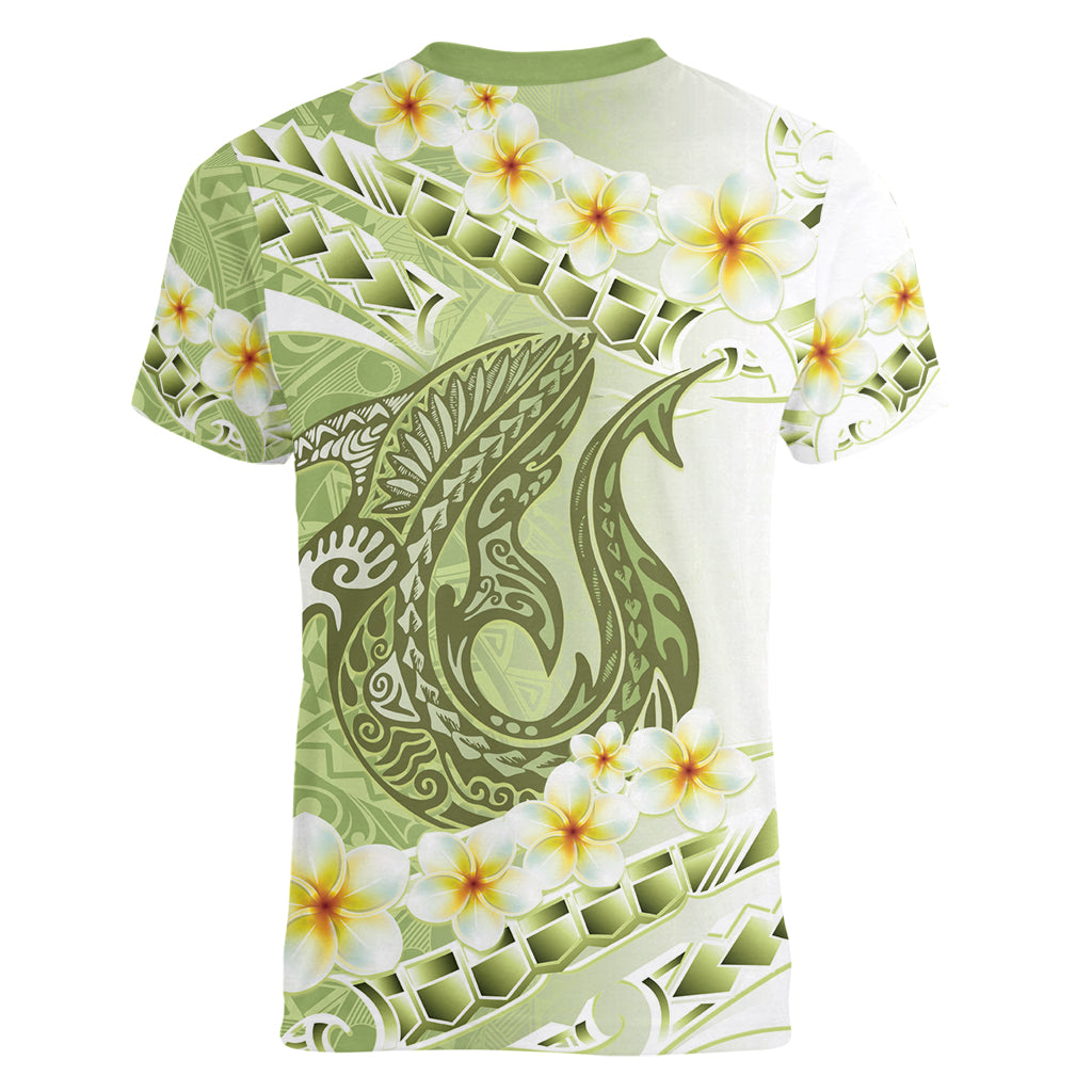 Green Hawaii Shark Tattoo Women V-Neck T-Shirt Frangipani With Polynesian Pastel Version