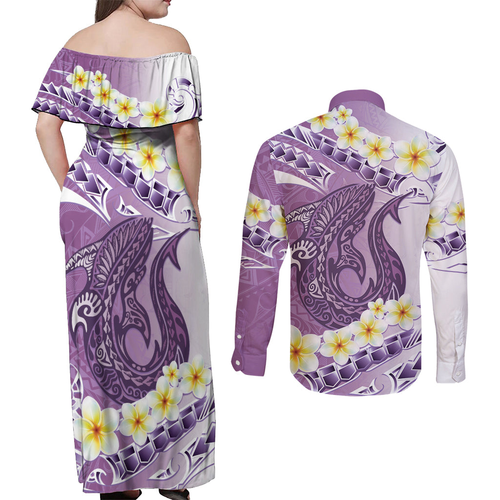 Purple Hawaii Shark Tattoo Couples Matching Off Shoulder Maxi Dress and Long Sleeve Button Shirt Frangipani With Polynesian Pastel Version