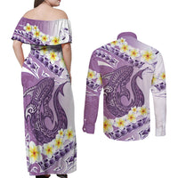 Purple Hawaii Shark Tattoo Couples Matching Off Shoulder Maxi Dress and Long Sleeve Button Shirt Frangipani With Polynesian Pastel Version