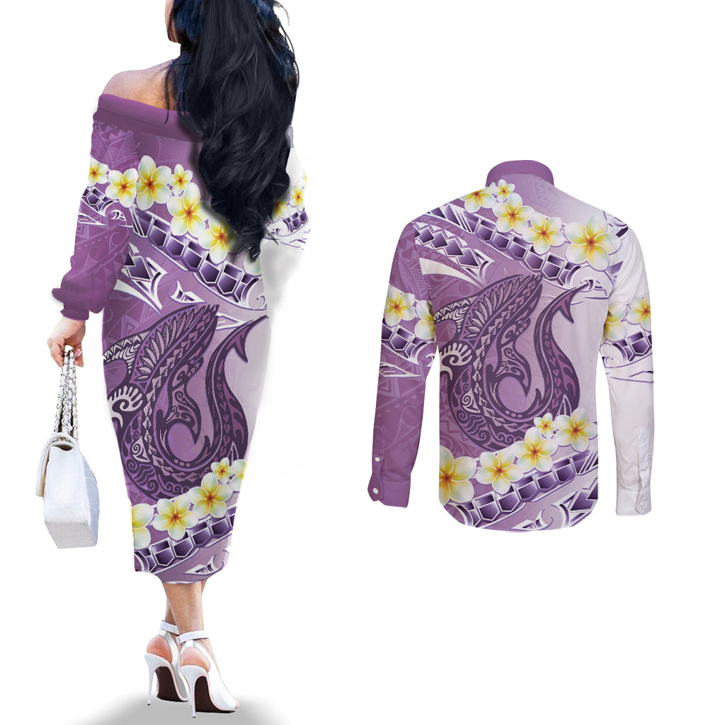 Purple Hawaii Shark Tattoo Couples Matching Off The Shoulder Long Sleeve Dress and Long Sleeve Button Shirt Frangipani With Polynesian Pastel Version