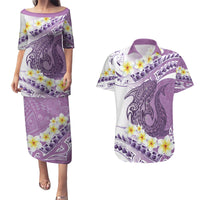 Purple Hawaii Shark Tattoo Couples Matching Puletasi and Hawaiian Shirt Frangipani With Polynesian Pastel Version