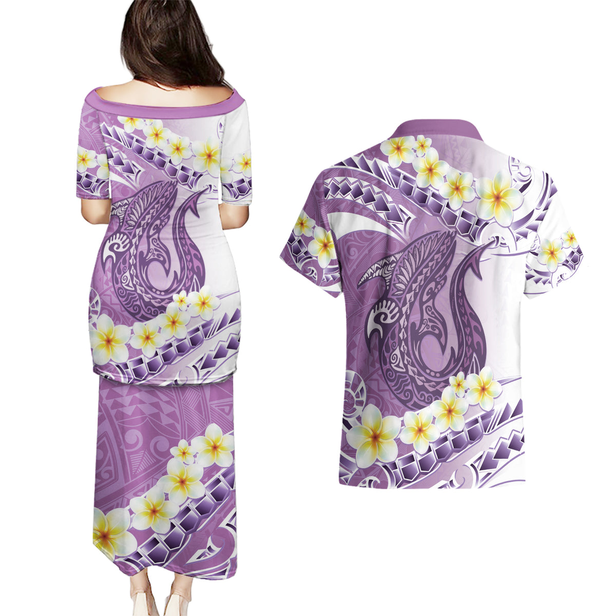 Purple Hawaii Shark Tattoo Couples Matching Puletasi and Hawaiian Shirt Frangipani With Polynesian Pastel Version