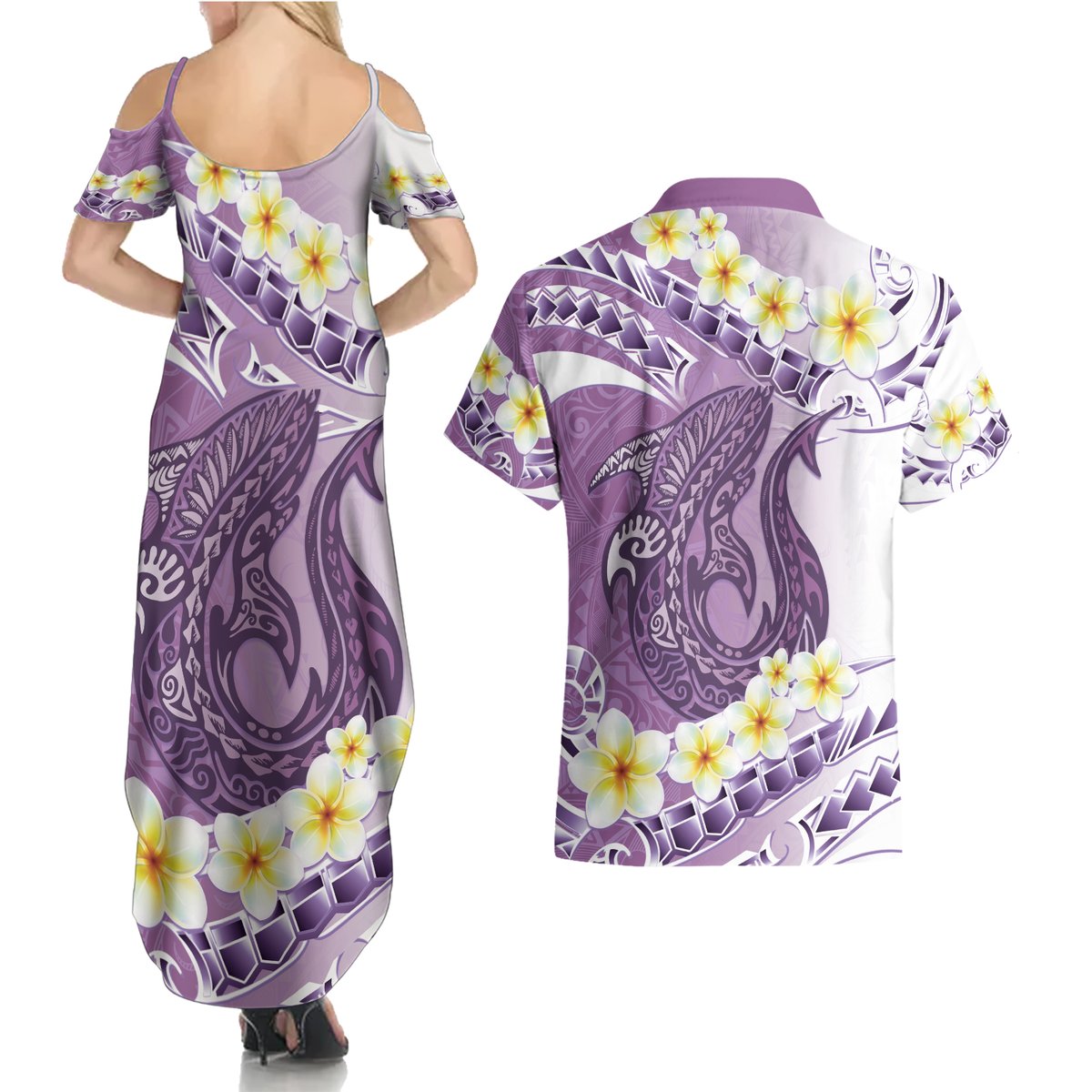 Purple Hawaii Shark Tattoo Couples Matching Summer Maxi Dress and Hawaiian Shirt Frangipani With Polynesian Pastel Version