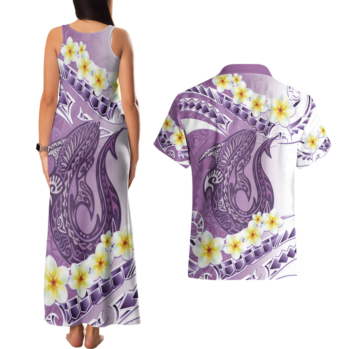 Purple Hawaii Shark Tattoo Couples Matching Tank Maxi Dress and Hawaiian Shirt Frangipani With Polynesian Pastel Version
