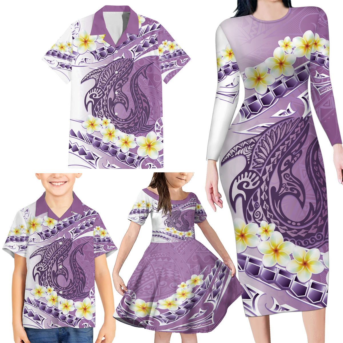 Purple Hawaii Shark Tattoo Family Matching Long Sleeve Bodycon Dress and Hawaiian Shirt Frangipani With Polynesian Pastel Version LT14 - Polynesian Pride