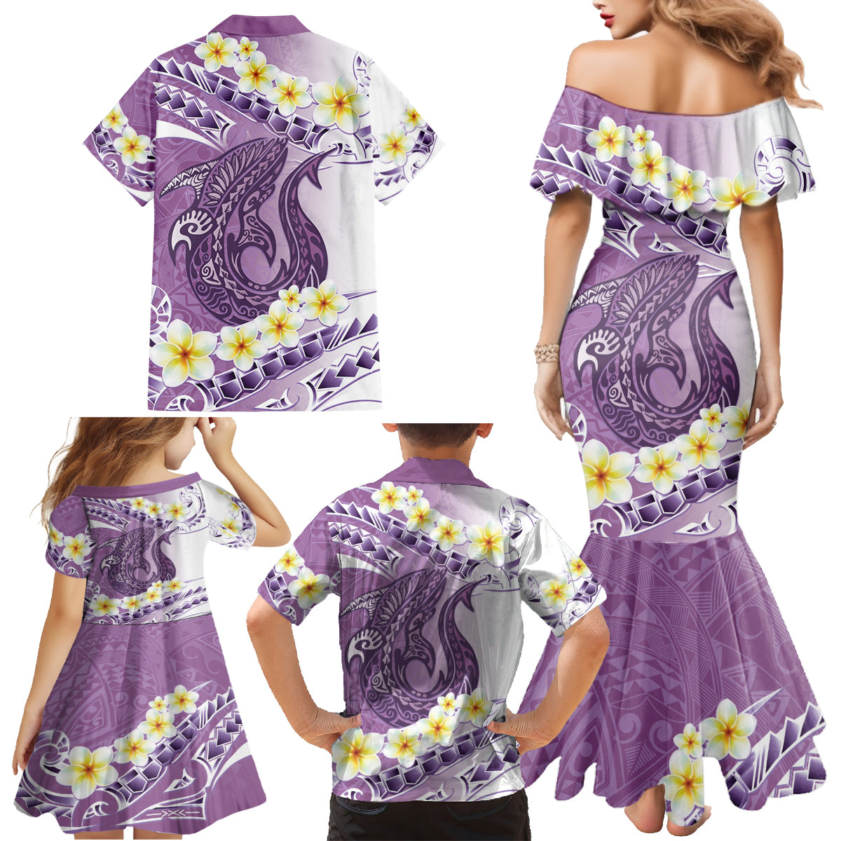 Purple Hawaii Shark Tattoo Family Matching Mermaid Dress and Hawaiian Shirt Frangipani With Polynesian Pastel Version LT14 - Polynesian Pride