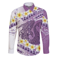 Purple Hawaii Shark Tattoo Family Matching Mermaid Dress and Hawaiian Shirt Frangipani With Polynesian Pastel Version LT14 Dad's Shirt - Long Sleeve Purple - Polynesian Pride