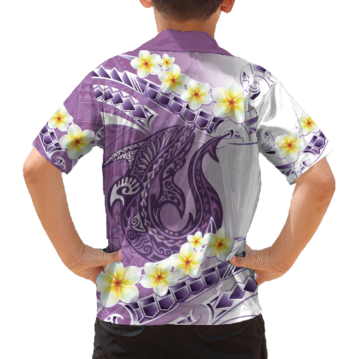 Purple Hawaii Shark Tattoo Family Matching Off The Shoulder Long Sleeve Dress and Hawaiian Shirt Frangipani With Polynesian Pastel Version LT14 - Polynesian Pride