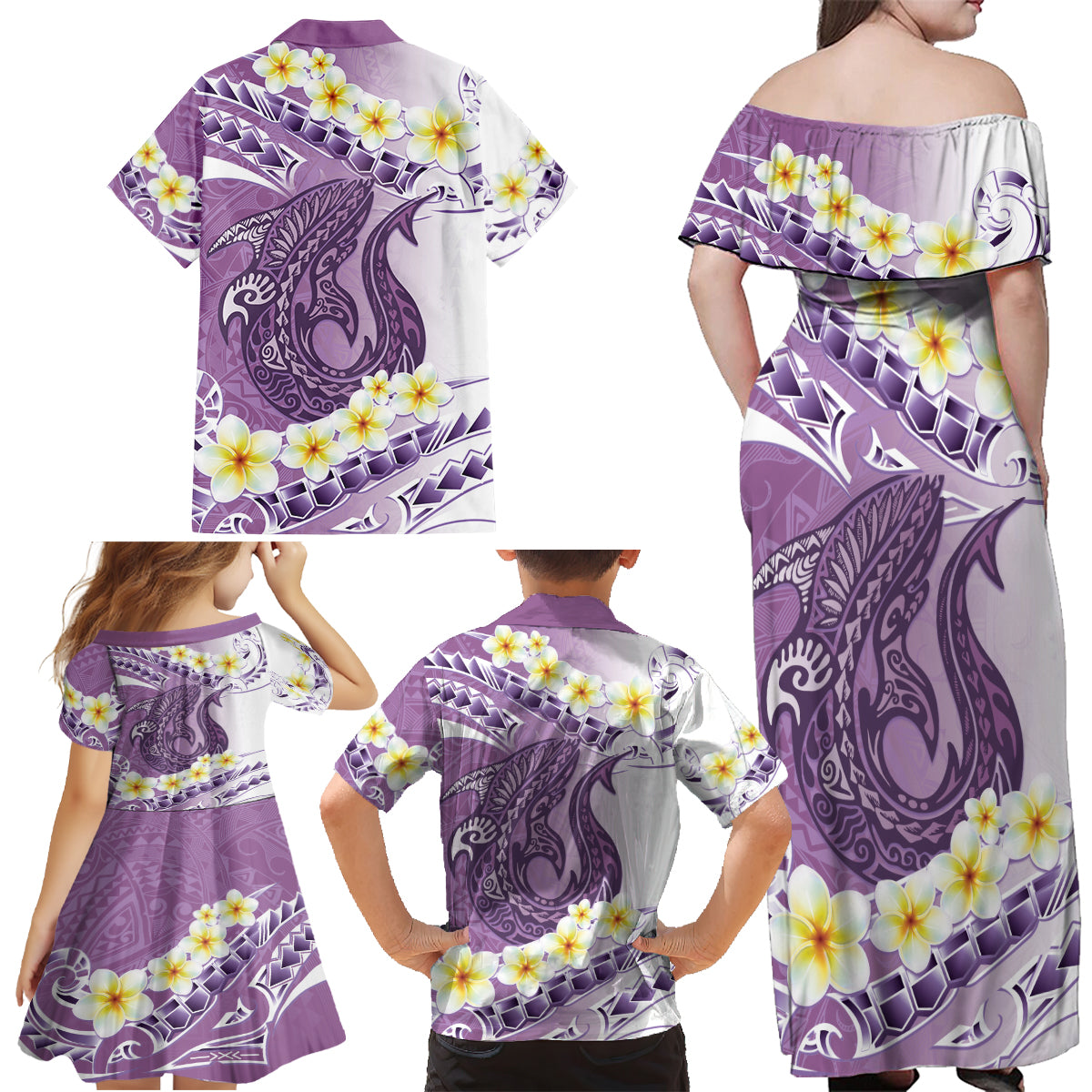 Purple Hawaii Shark Tattoo Family Matching Off Shoulder Maxi Dress and Hawaiian Shirt Frangipani With Polynesian Pastel Version LT14 - Polynesian Pride