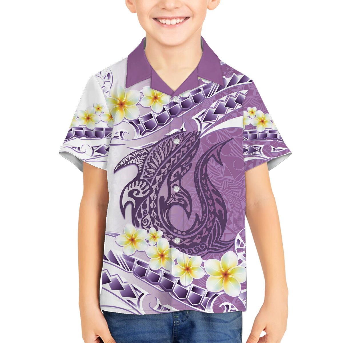Purple Hawaii Shark Tattoo Family Matching Off Shoulder Maxi Dress and Hawaiian Shirt Frangipani With Polynesian Pastel Version LT14 Son's Shirt Purple - Polynesian Pride