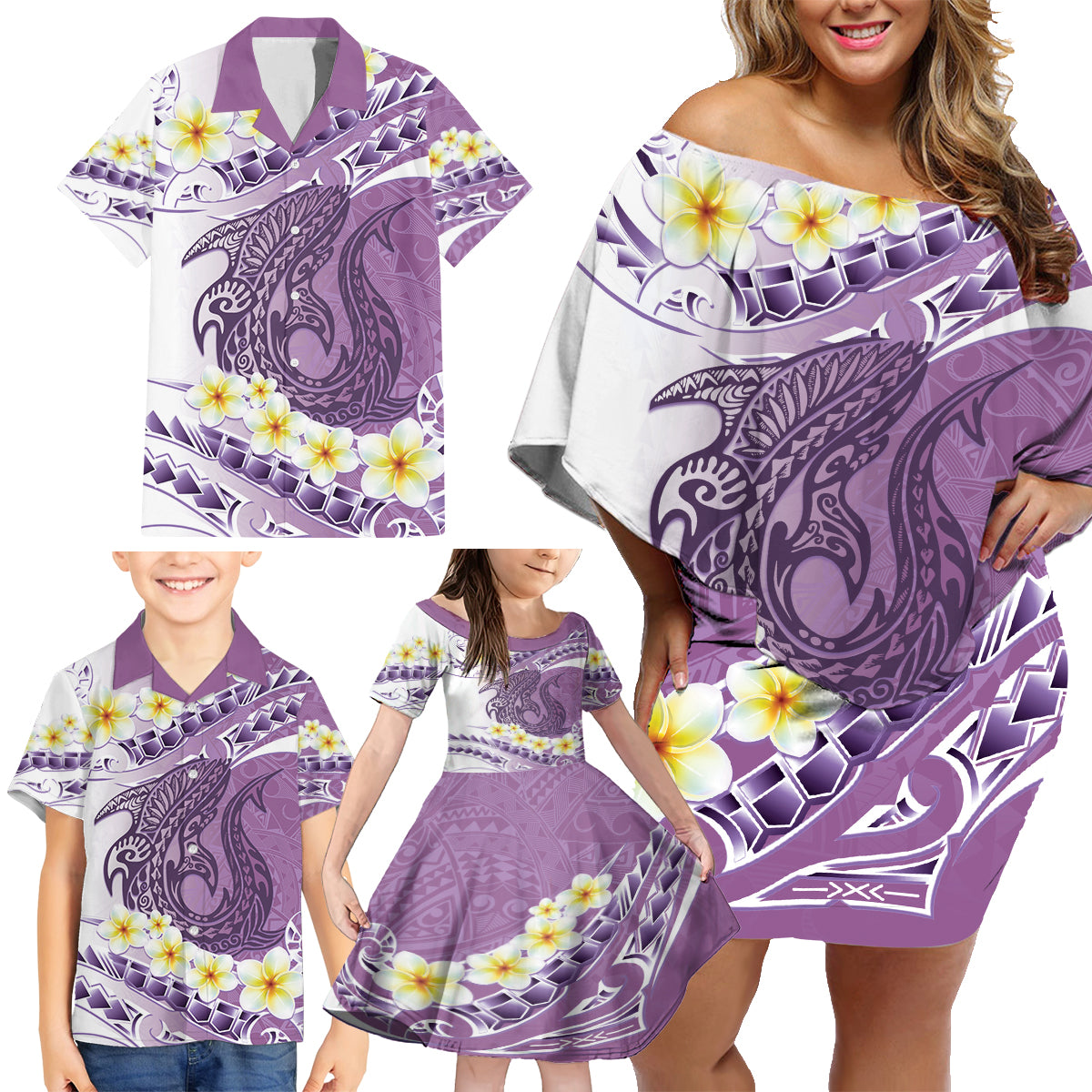 Purple Hawaii Shark Tattoo Family Matching Off Shoulder Short Dress and Hawaiian Shirt Frangipani With Polynesian Pastel Version LT14 - Polynesian Pride