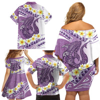 Purple Hawaii Shark Tattoo Family Matching Off Shoulder Short Dress and Hawaiian Shirt Frangipani With Polynesian Pastel Version LT14 - Polynesian Pride