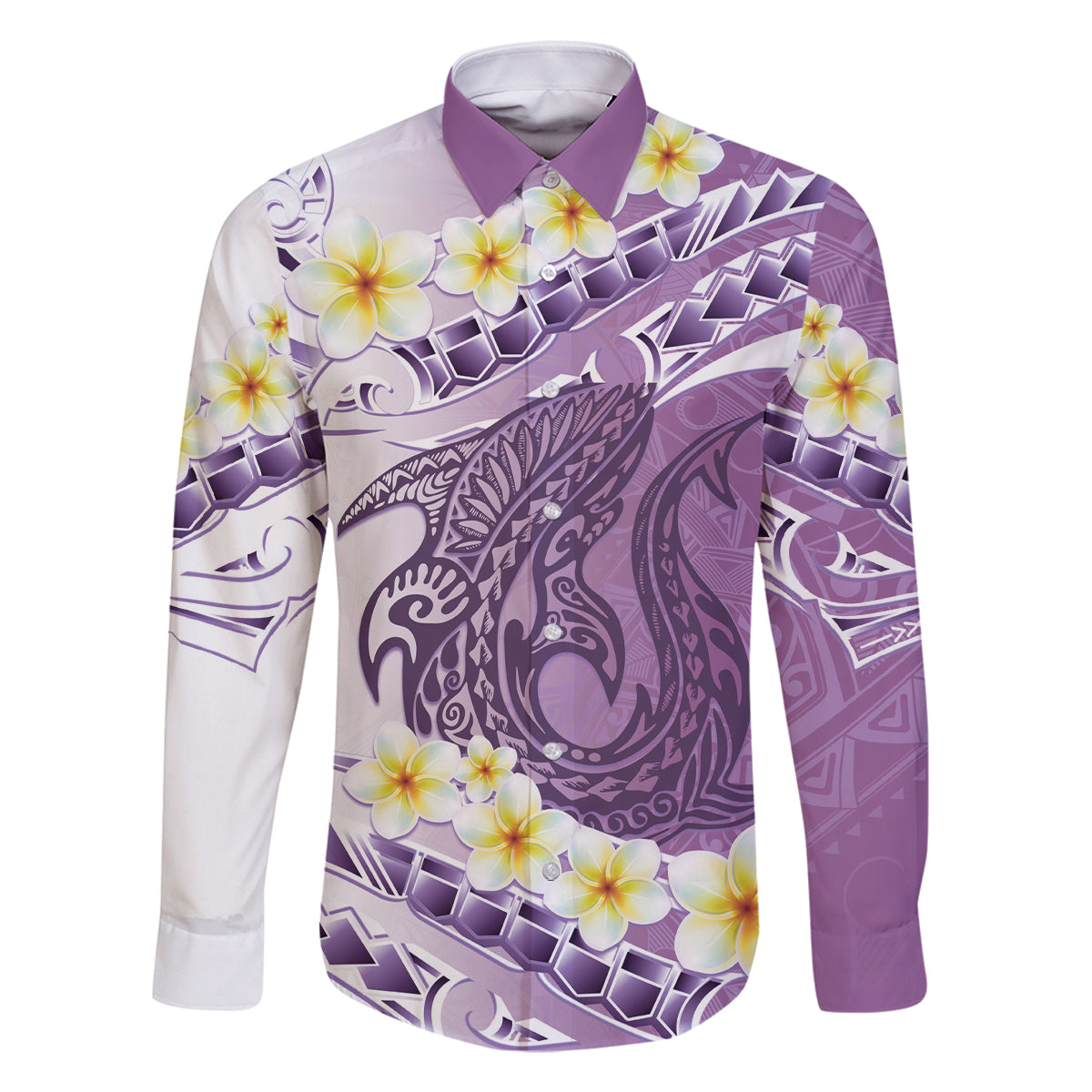 Purple Hawaii Shark Tattoo Family Matching Off Shoulder Short Dress and Hawaiian Shirt Frangipani With Polynesian Pastel Version LT14 Dad's Shirt - Long Sleeve Purple - Polynesian Pride