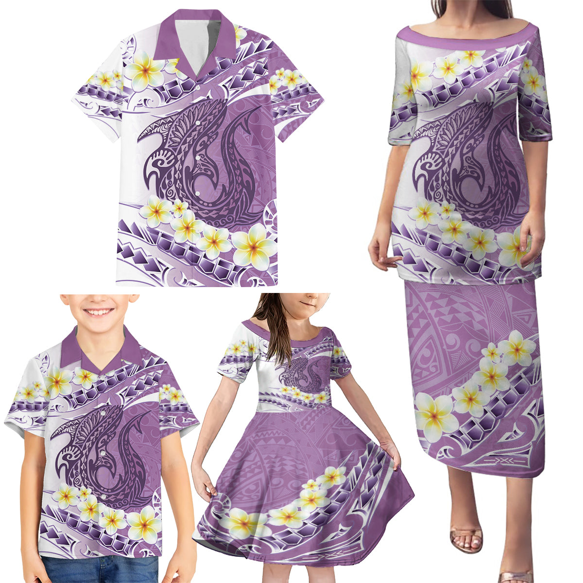 Purple Hawaii Shark Tattoo Family Matching Puletasi and Hawaiian Shirt Frangipani With Polynesian Pastel Version LT14 - Polynesian Pride