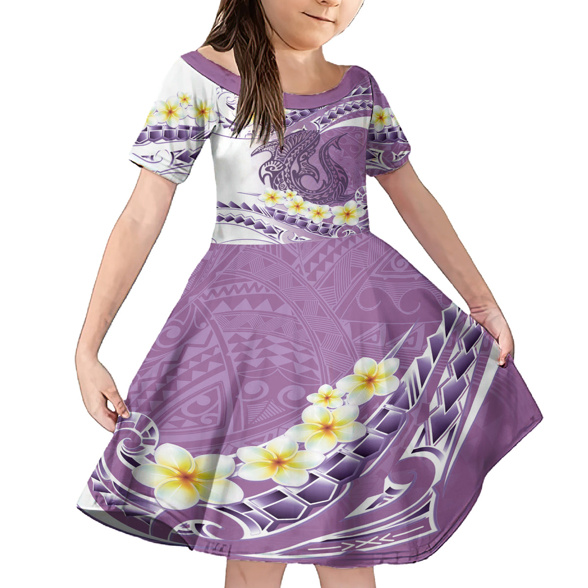 Purple Hawaii Shark Tattoo Family Matching Short Sleeve Bodycon Dress and Hawaiian Shirt Frangipani With Polynesian Pastel Version LT14 Daughter's Dress Purple - Polynesian Pride
