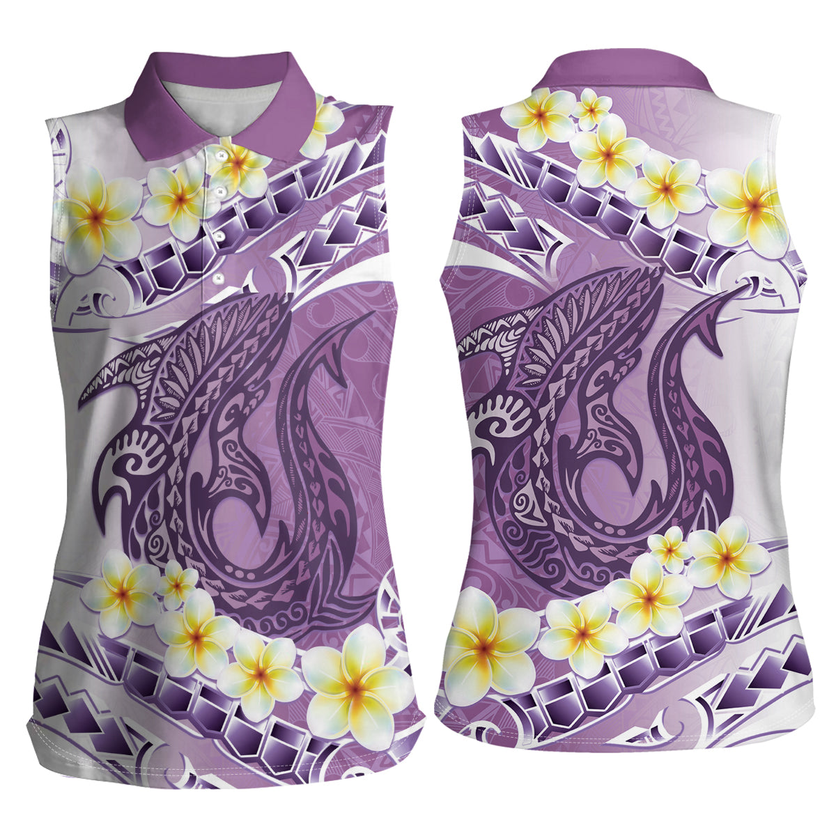 Purple Hawaii Shark Tattoo Women Sleeveless Polo Shirt Frangipani With Polynesian Pastel Version