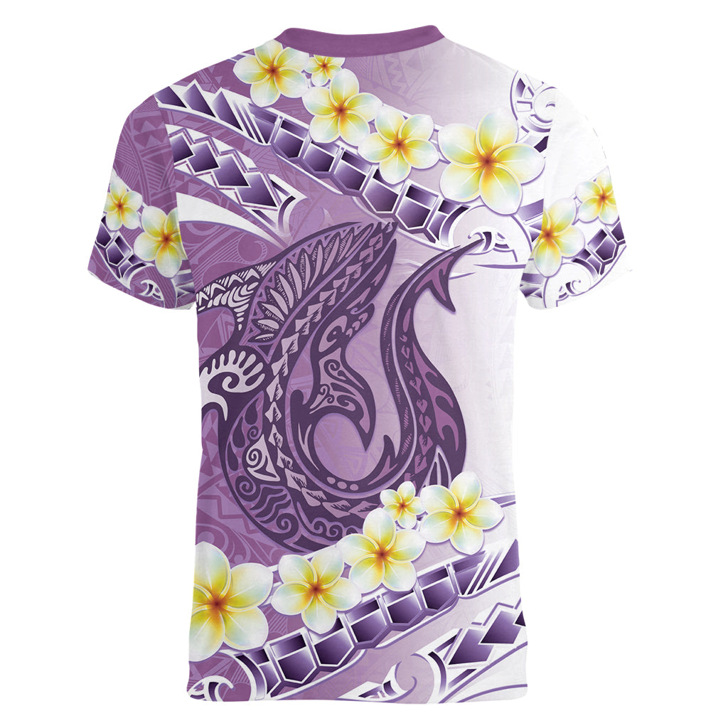 Purple Hawaii Shark Tattoo Women V-Neck T-Shirt Frangipani With Polynesian Pastel Version