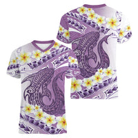 Purple Hawaii Shark Tattoo Women V-Neck T-Shirt Frangipani With Polynesian Pastel Version